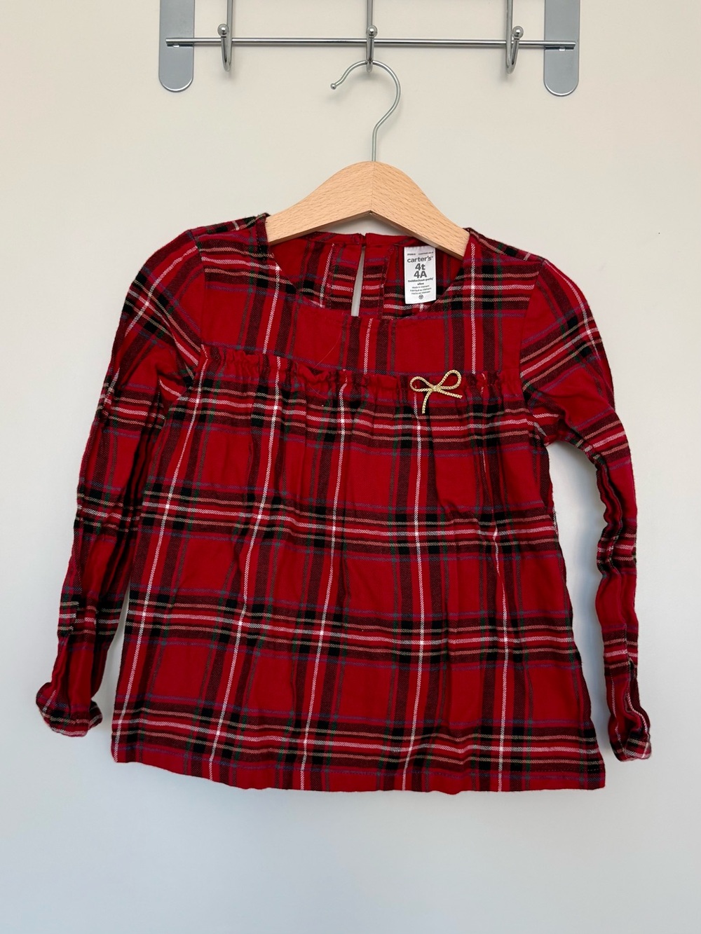 Carter's Red Plaid Long Sleeve Shirt with Gold Bow Accent